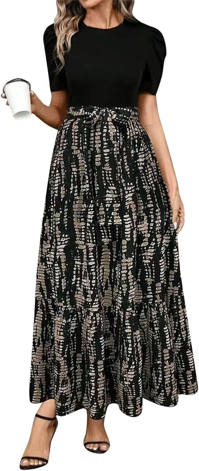 Floral Maxi Dresses for Women 2025 Boho Flowy Dress Elegant Modest Dresses A Line Short Sleeve Dress Long Sundress