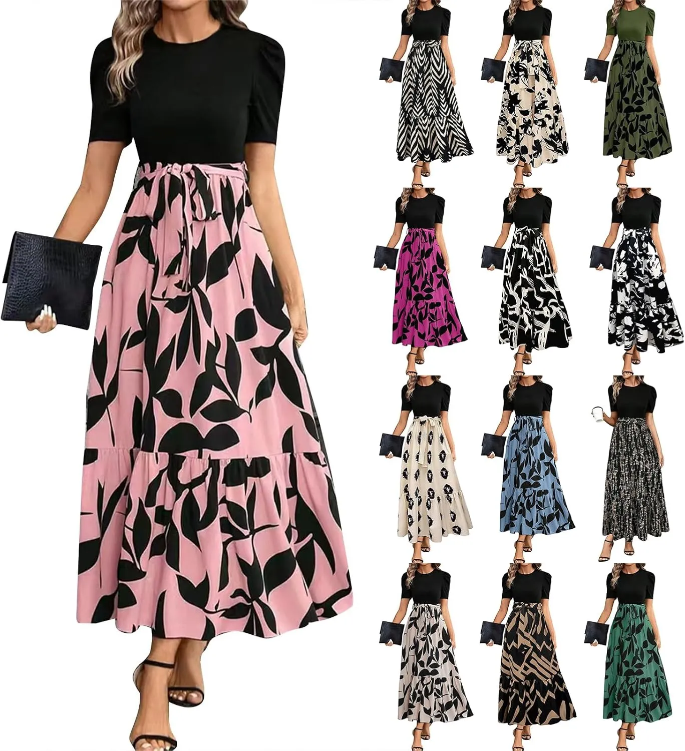 Floral Maxi Dresses for Women 2025 Boho Flowy Dress Elegant Modest Dresses A Line Short Sleeve Dress Long Sundress