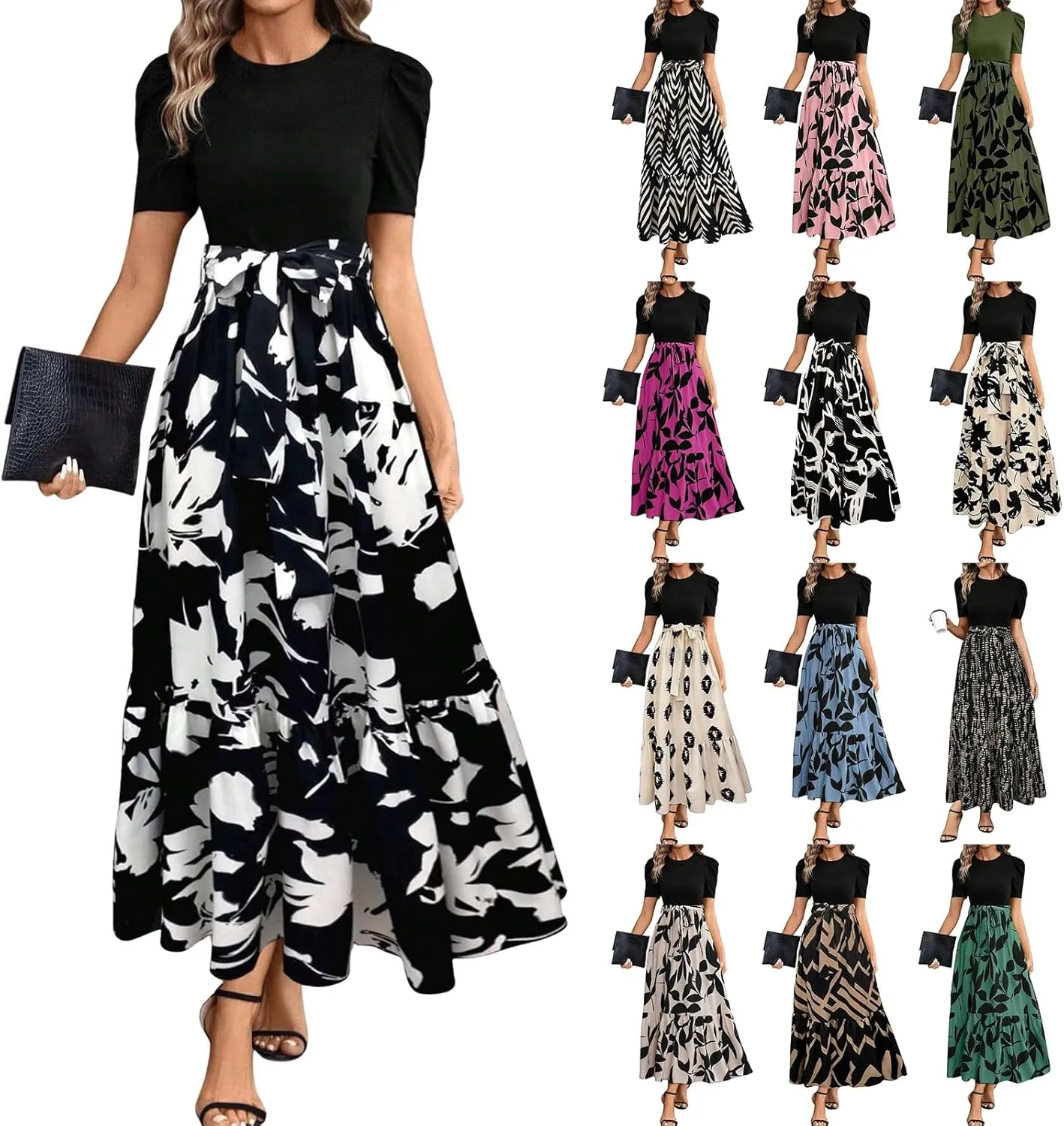 Floral Maxi Dresses for Women 2025 Boho Flowy Dress Elegant Modest Dresses A Line Short Sleeve Dress Long Sundress