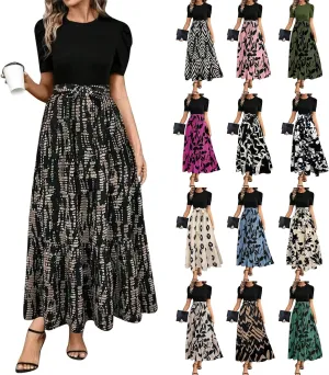 Floral Maxi Dresses for Women 2025 Boho Flowy Dress Elegant Modest Dresses A Line Short Sleeve Dress Long Sundress