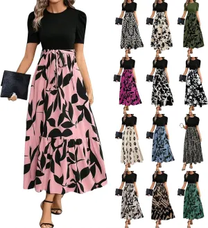 Floral Maxi Dresses for Women 2025 Boho Flowy Dress Elegant Modest Dresses A Line Short Sleeve Dress Long Sundress