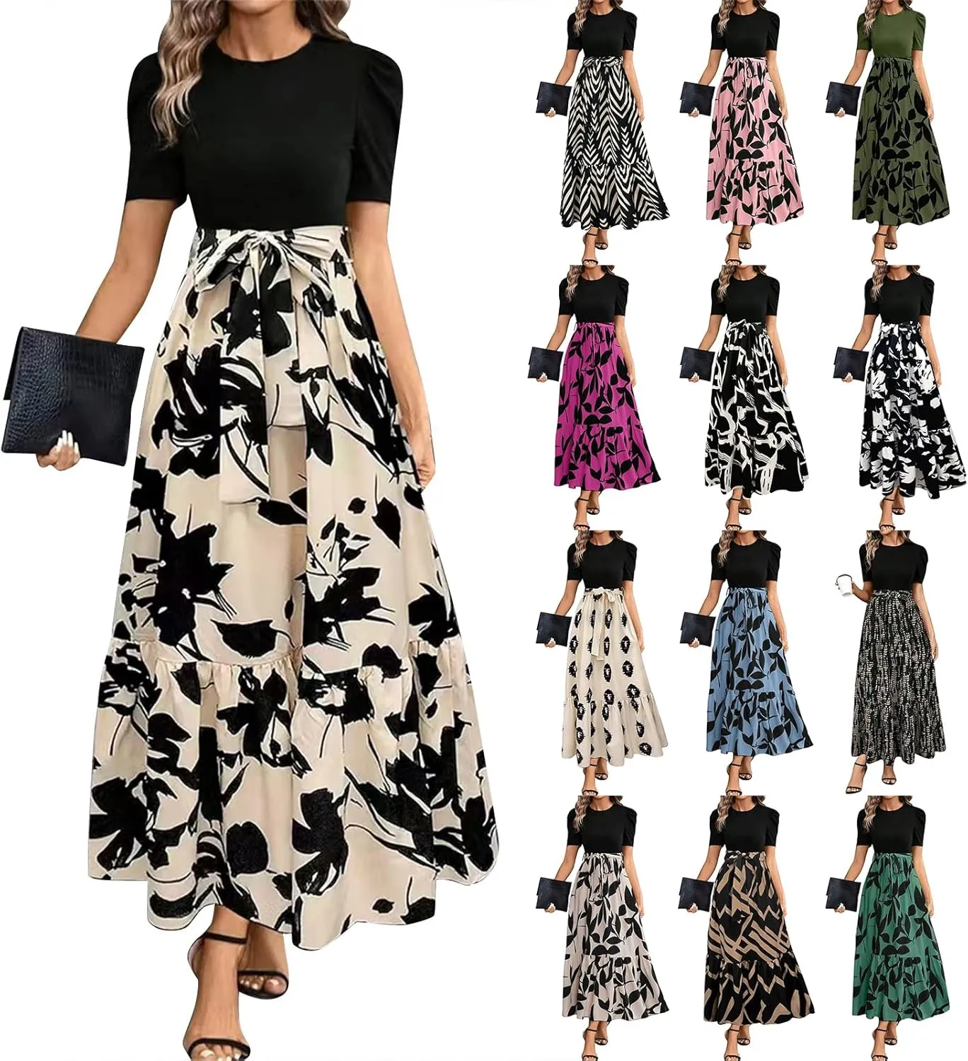 Floral Maxi Dresses for Women 2025 Boho Flowy Dress Elegant Modest Dresses A Line Short Sleeve Dress Long Sundress