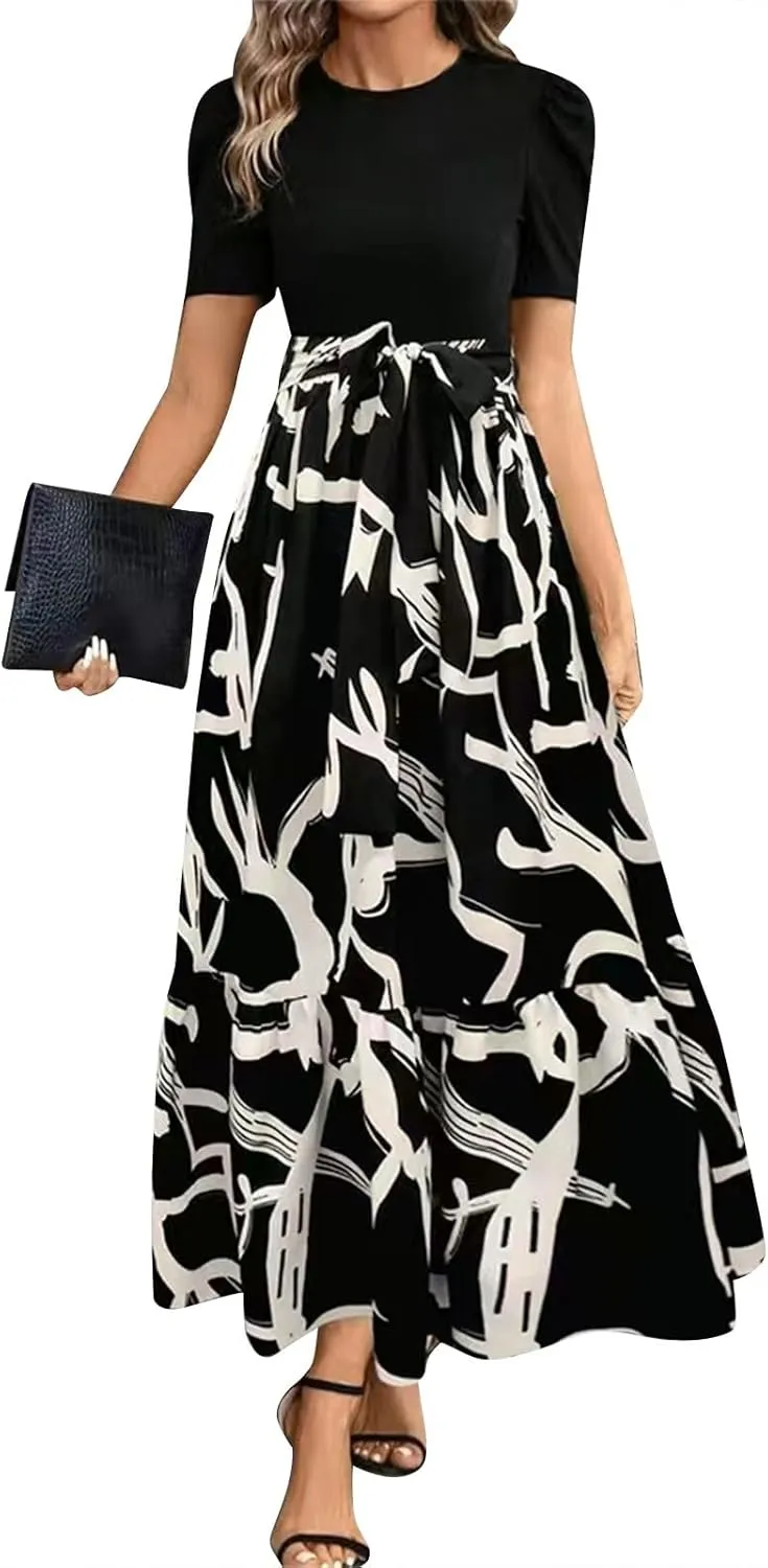 Floral Maxi Dresses for Women 2025 Boho Flowy Dress Elegant Modest Dresses A Line Short Sleeve Dress Long Sundress