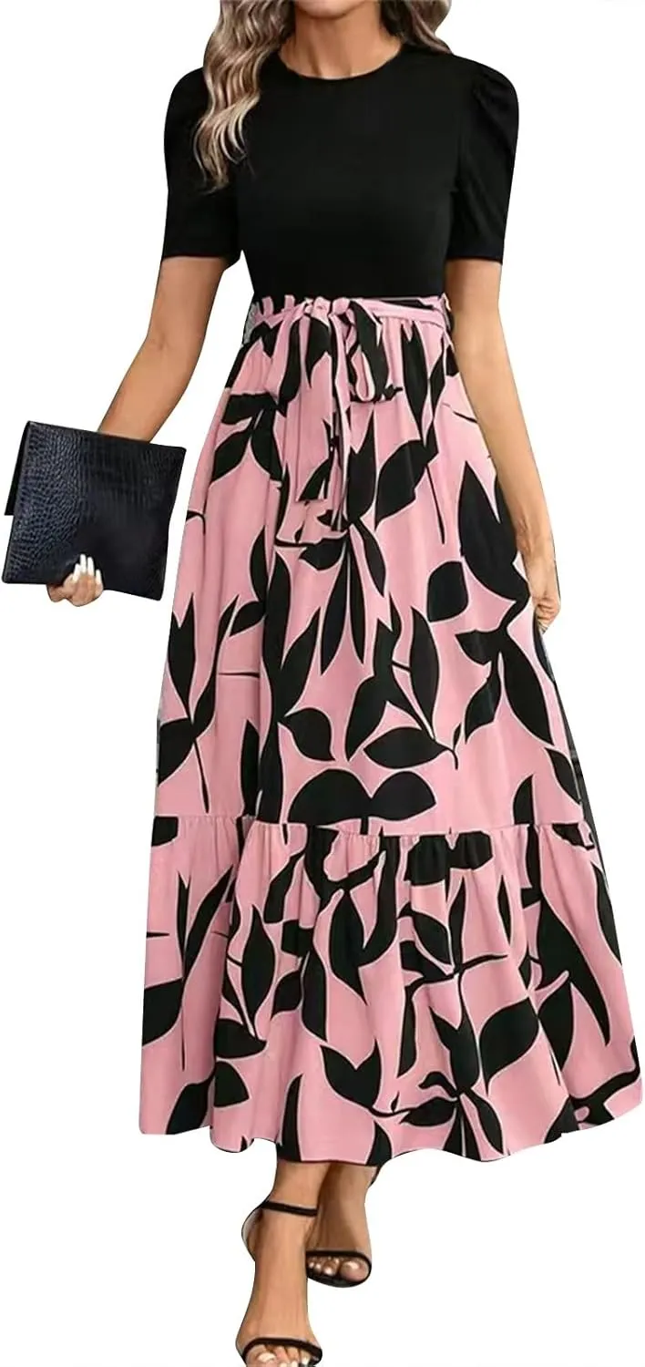 Floral Maxi Dresses for Women 2025 Boho Flowy Dress Elegant Modest Dresses A Line Short Sleeve Dress Long Sundress