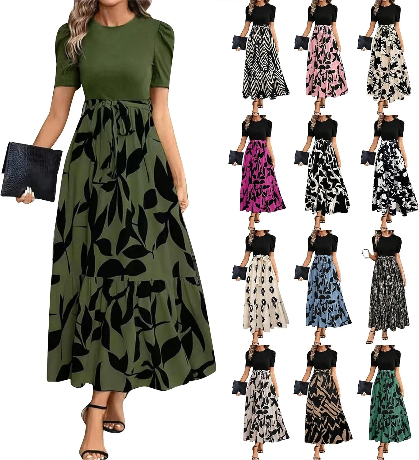 Floral Maxi Dresses for Women 2025 Boho Flowy Dress Elegant Modest Dresses A Line Short Sleeve Dress Long Sundress