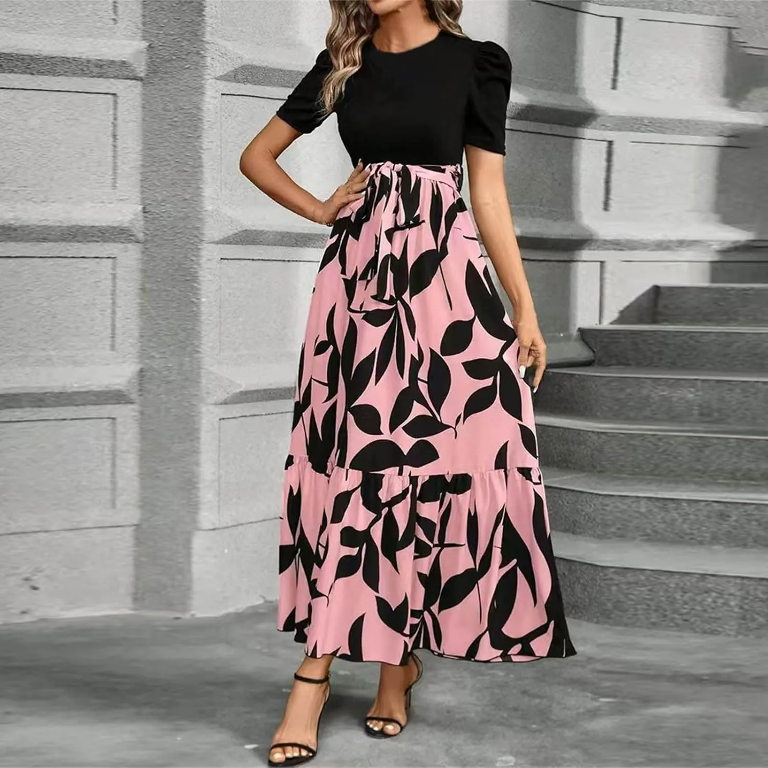 Floral Maxi Dresses for Women 2025 Boho Flowy Dress Elegant Modest Dresses A Line Short Sleeve Dress Long Sundress