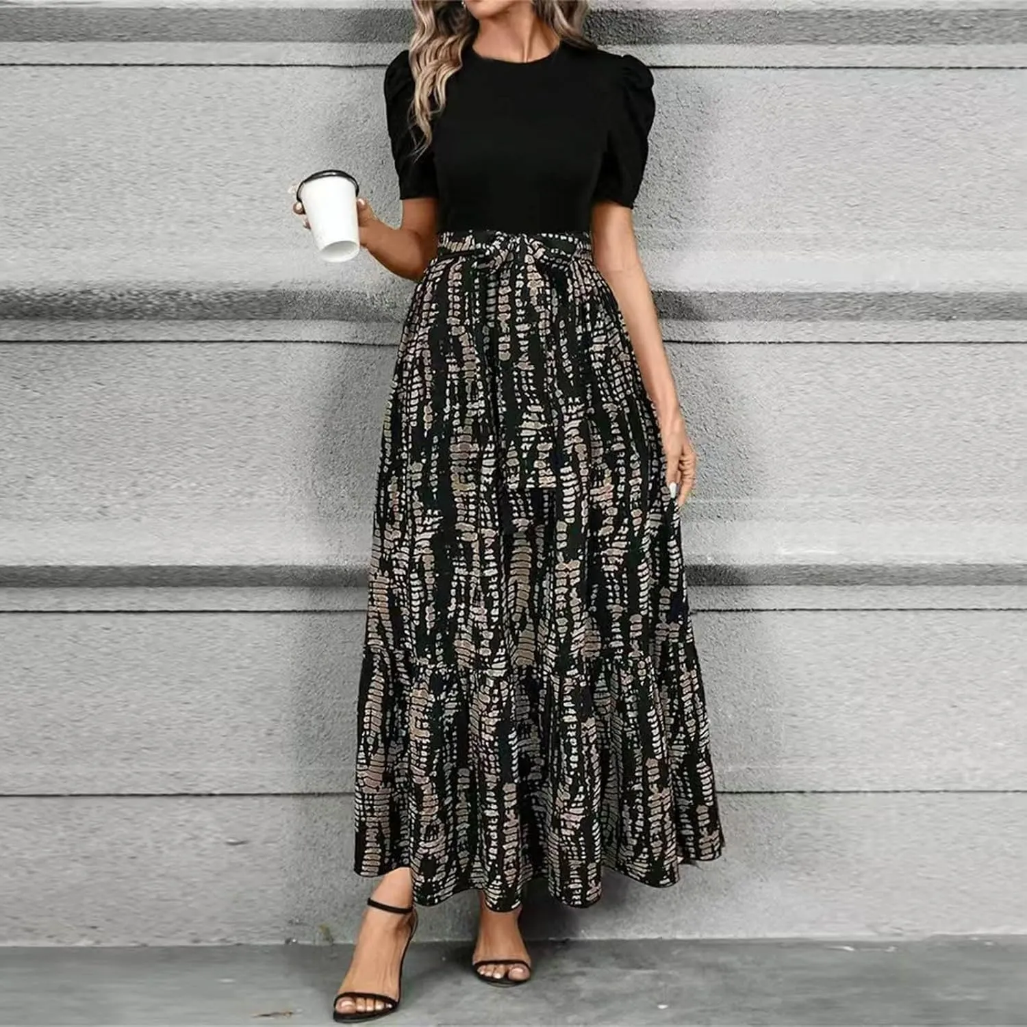 Floral Maxi Dresses for Women 2025 Boho Flowy Dress Elegant Modest Dresses A Line Short Sleeve Dress Long Sundress