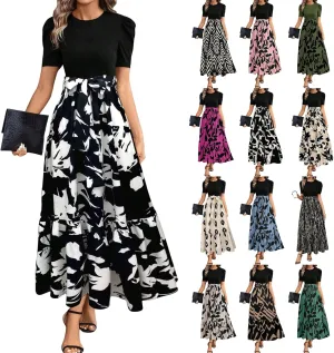 Floral Maxi Dresses for Women 2025 Boho Flowy Dress Elegant Modest Dresses A Line Short Sleeve Dress Long Sundress