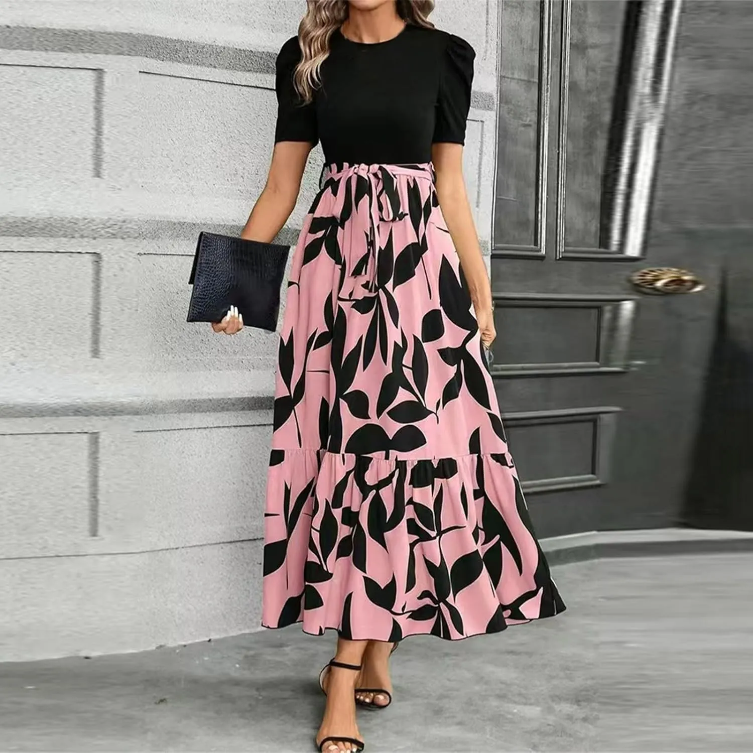 Floral Maxi Dresses for Women 2025 Boho Flowy Dress Elegant Modest Dresses A Line Short Sleeve Dress Long Sundress