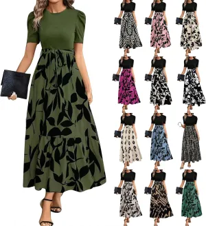 Floral Maxi Dresses for Women 2025 Boho Flowy Dress Elegant Modest Dresses A Line Short Sleeve Dress Long Sundress