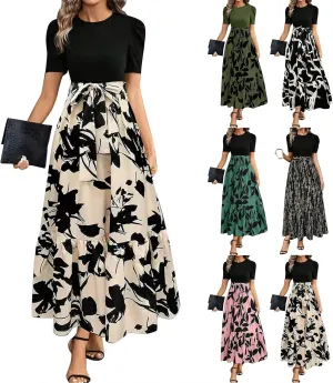 Floral Maxi Dresses for Women Elegant Patchwork Short Sleeve Tie Waist Wrap Dress Boho Summer Casual Teacher Dresses
