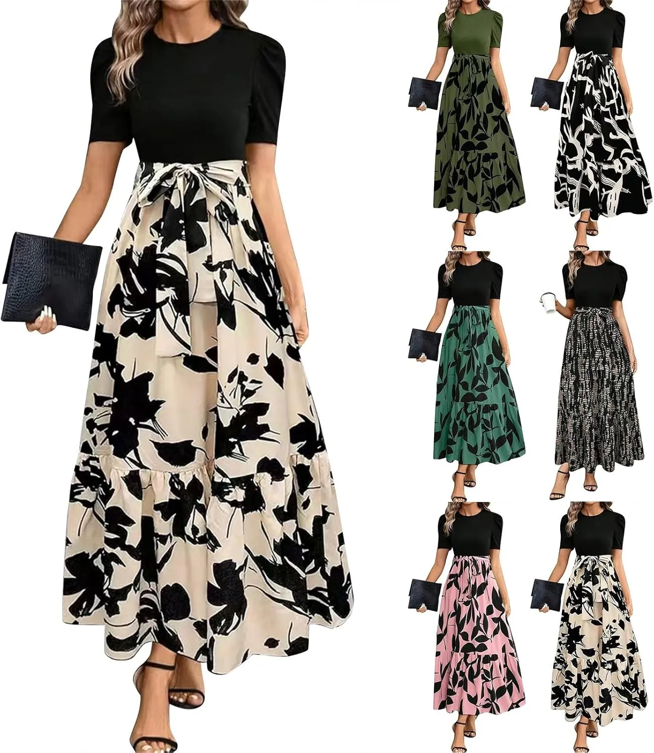 Floral Maxi Dresses for Women Elegant Patchwork Short Sleeve Tie Waist Wrap Dress Boho Summer Casual Teacher Dresses
