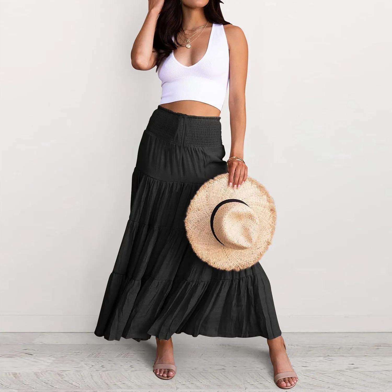 Floral Maxi Skirt for Women Summer Comfy Elastic High Waisted Skirts Beach Vacation A-Line Flowy Swing Long Skirts