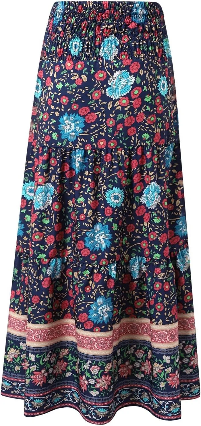 Floral Maxi Skirt for Women Summer Comfy Elastic High Waisted Skirts Beach Vacation A-Line Flowy Swing Long Skirts