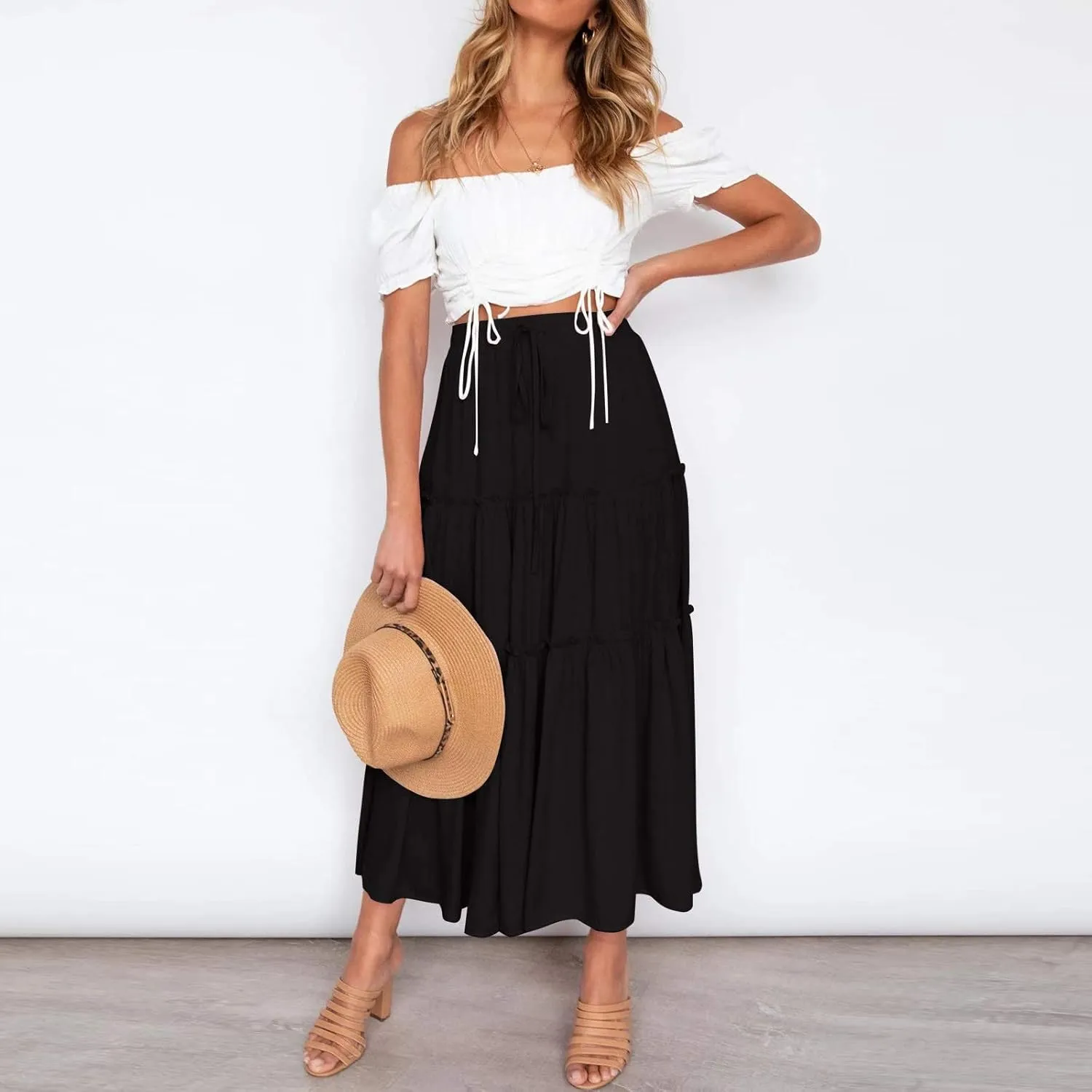Floral Maxi Skirt for Women Summer Comfy Elastic High Waisted Skirts Beach Vacation A-Line Flowy Swing Long Skirts