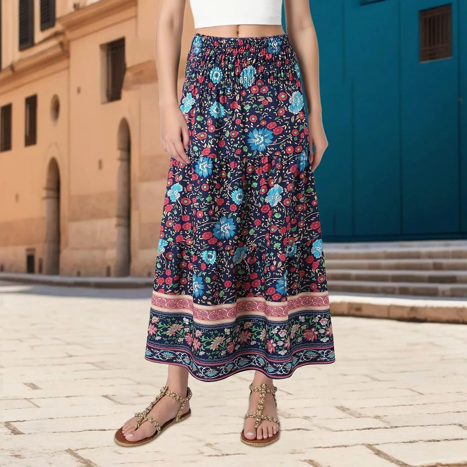 Floral Maxi Skirt for Women Summer Comfy Elastic High Waisted Skirts Beach Vacation A-Line Flowy Swing Long Skirts