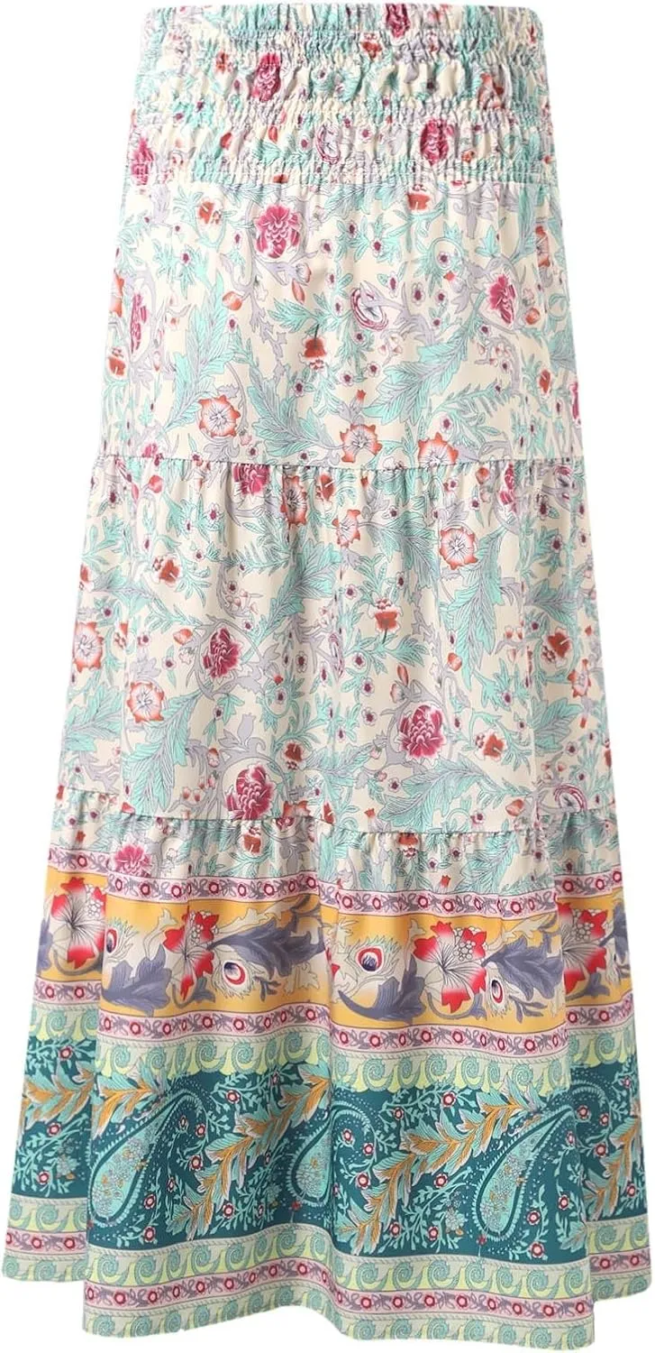 Floral Maxi Skirt for Women Summer Comfy Elastic High Waisted Skirts Beach Vacation A-Line Flowy Swing Long Skirts