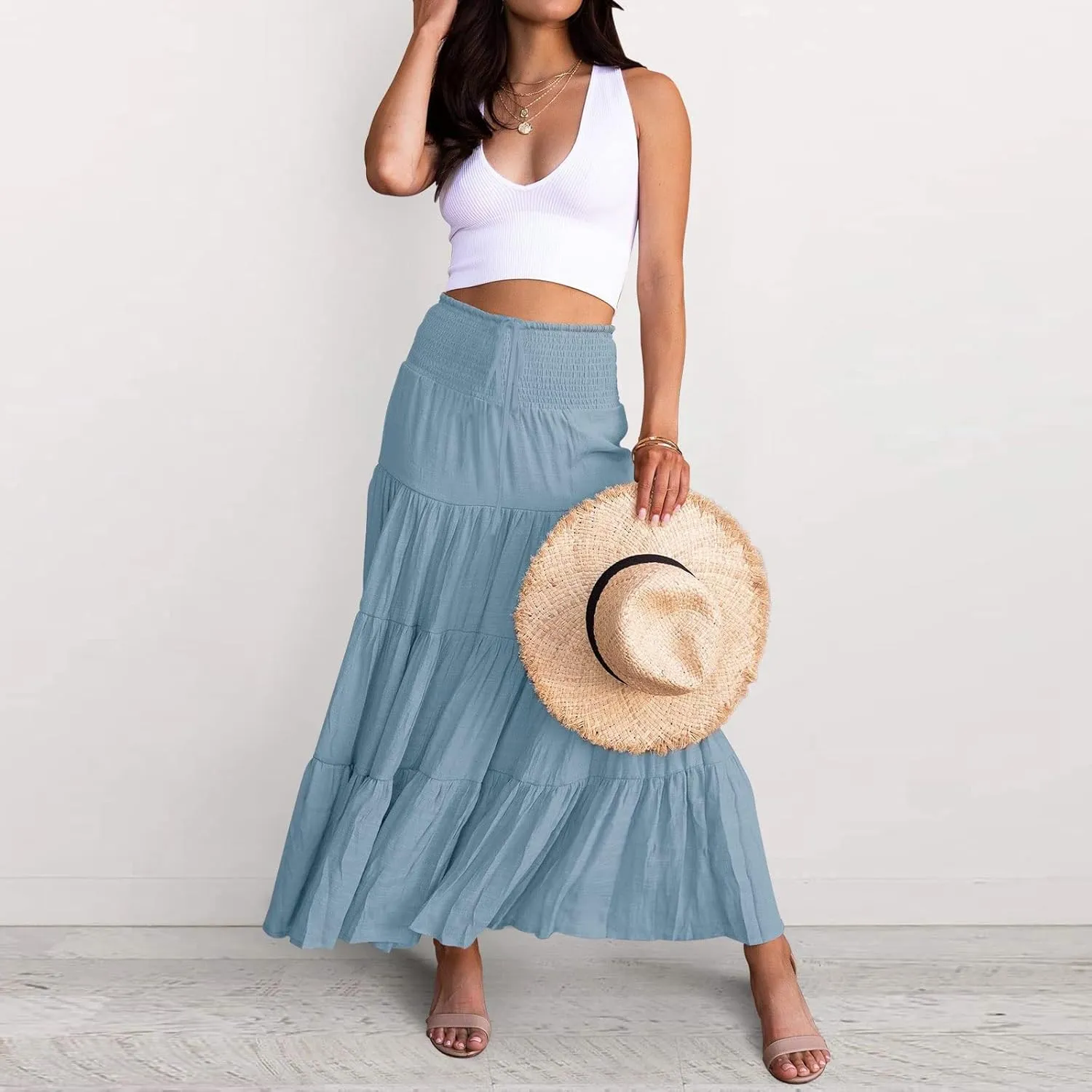 Floral Maxi Skirt for Women Summer Comfy Elastic High Waisted Skirts Beach Vacation A-Line Flowy Swing Long Skirts