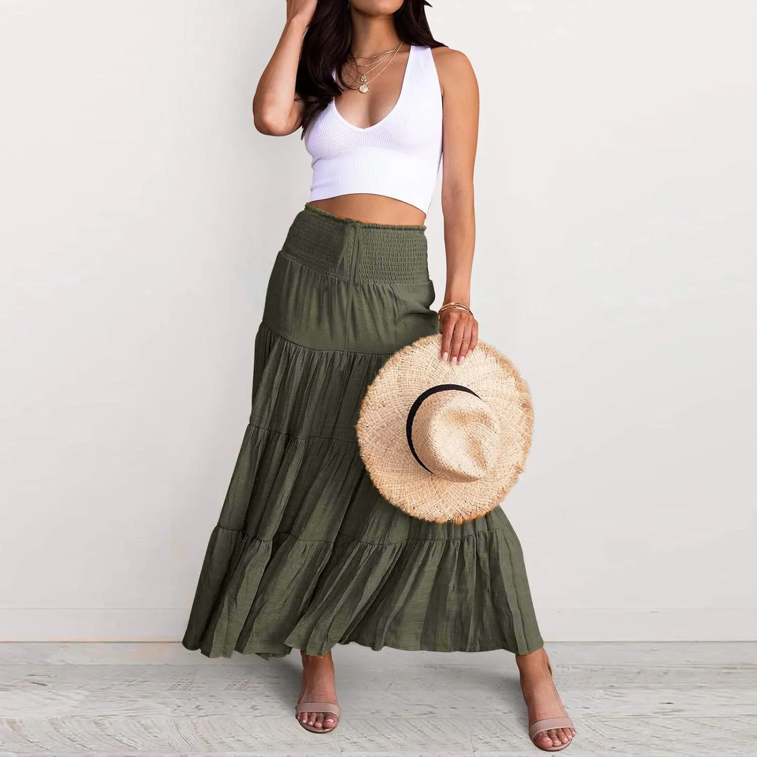 Floral Maxi Skirt for Women Summer Comfy Elastic High Waisted Skirts Beach Vacation A-Line Flowy Swing Long Skirts