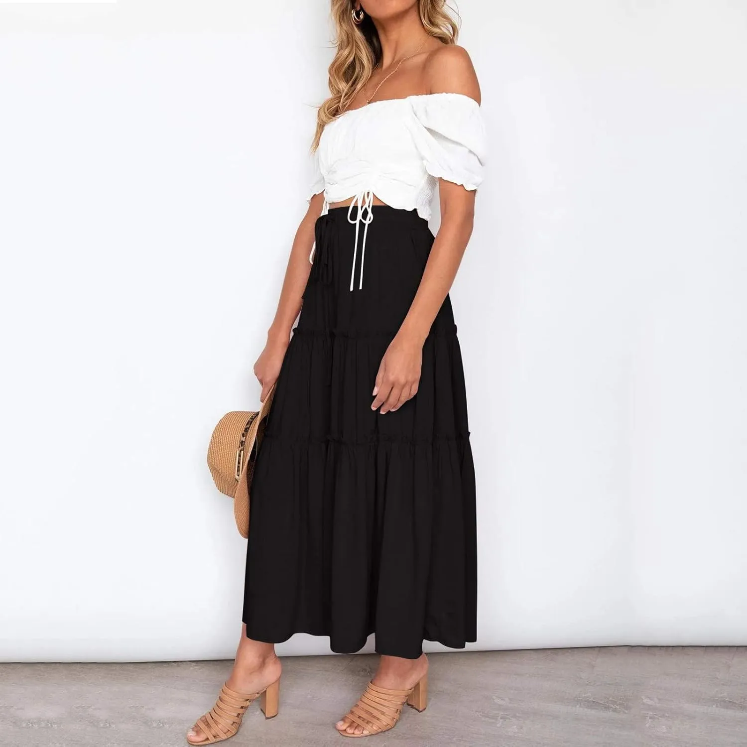 Floral Maxi Skirt for Women Summer Comfy Elastic High Waisted Skirts Beach Vacation A-Line Flowy Swing Long Skirts