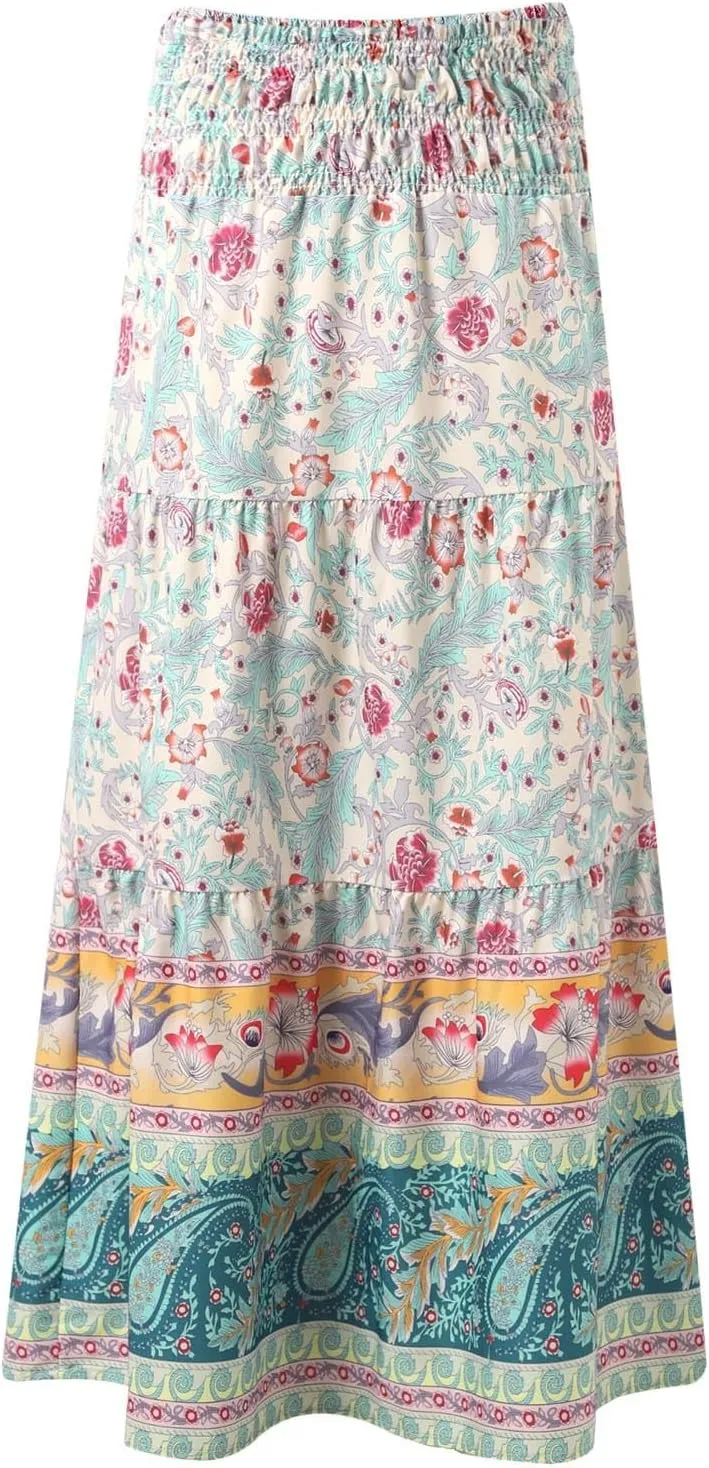 Floral Maxi Skirt for Women Summer Comfy Elastic High Waisted Skirts Beach Vacation A-Line Flowy Swing Long Skirts