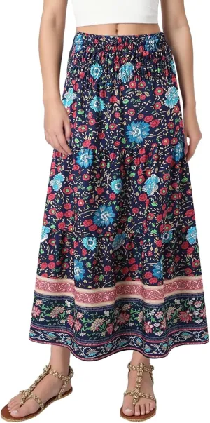 Floral Maxi Skirt for Women Summer Comfy Elastic High Waisted Skirts Beach Vacation A-Line Flowy Swing Long Skirts