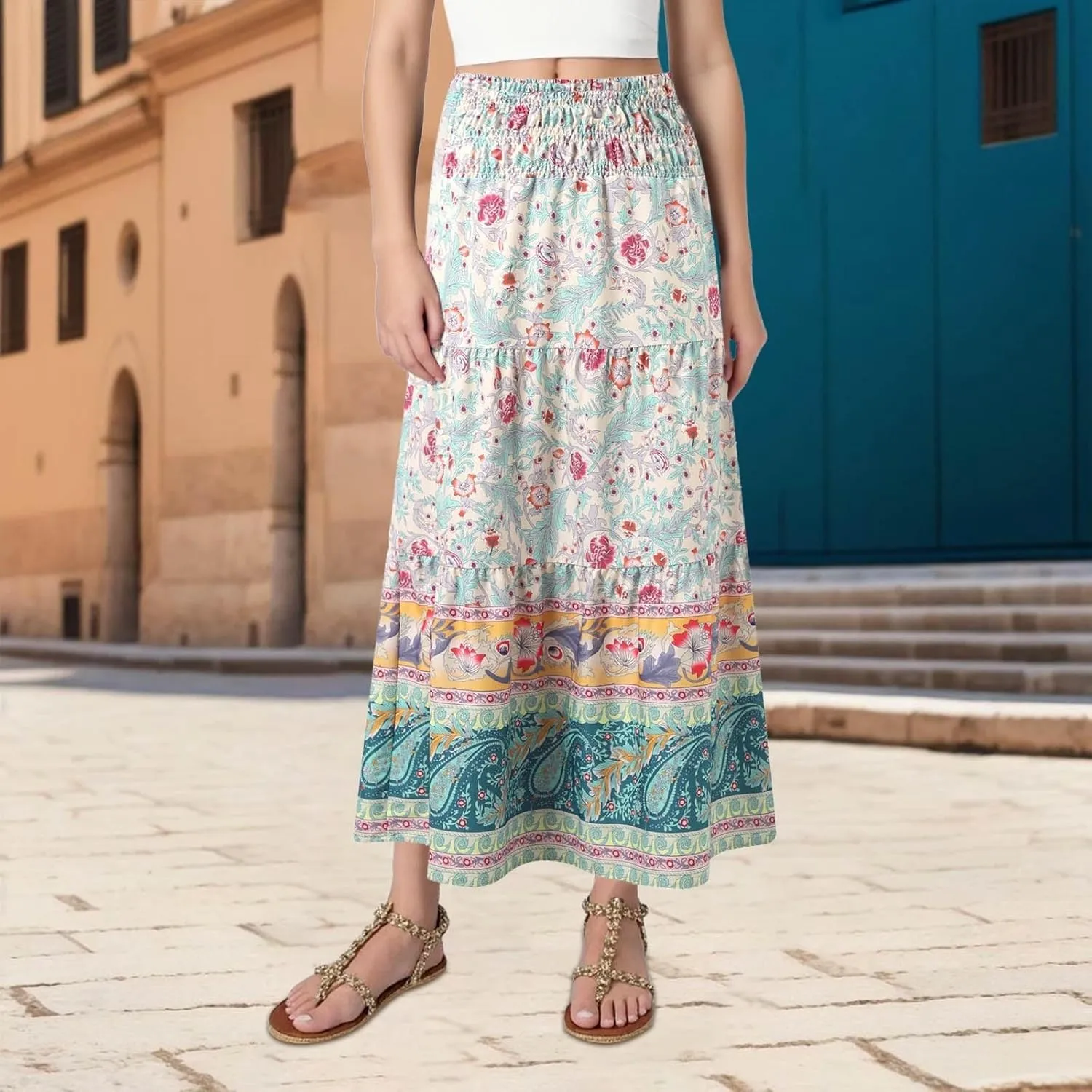 Floral Maxi Skirt for Women Summer Comfy Elastic High Waisted Skirts Beach Vacation A-Line Flowy Swing Long Skirts