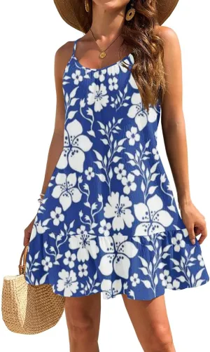 Floral Mini Summer Dresses for Women, Spaghetti Strap Cold Shoulder Ruffle Hem Swimsuits Beach Cover Up Sundress