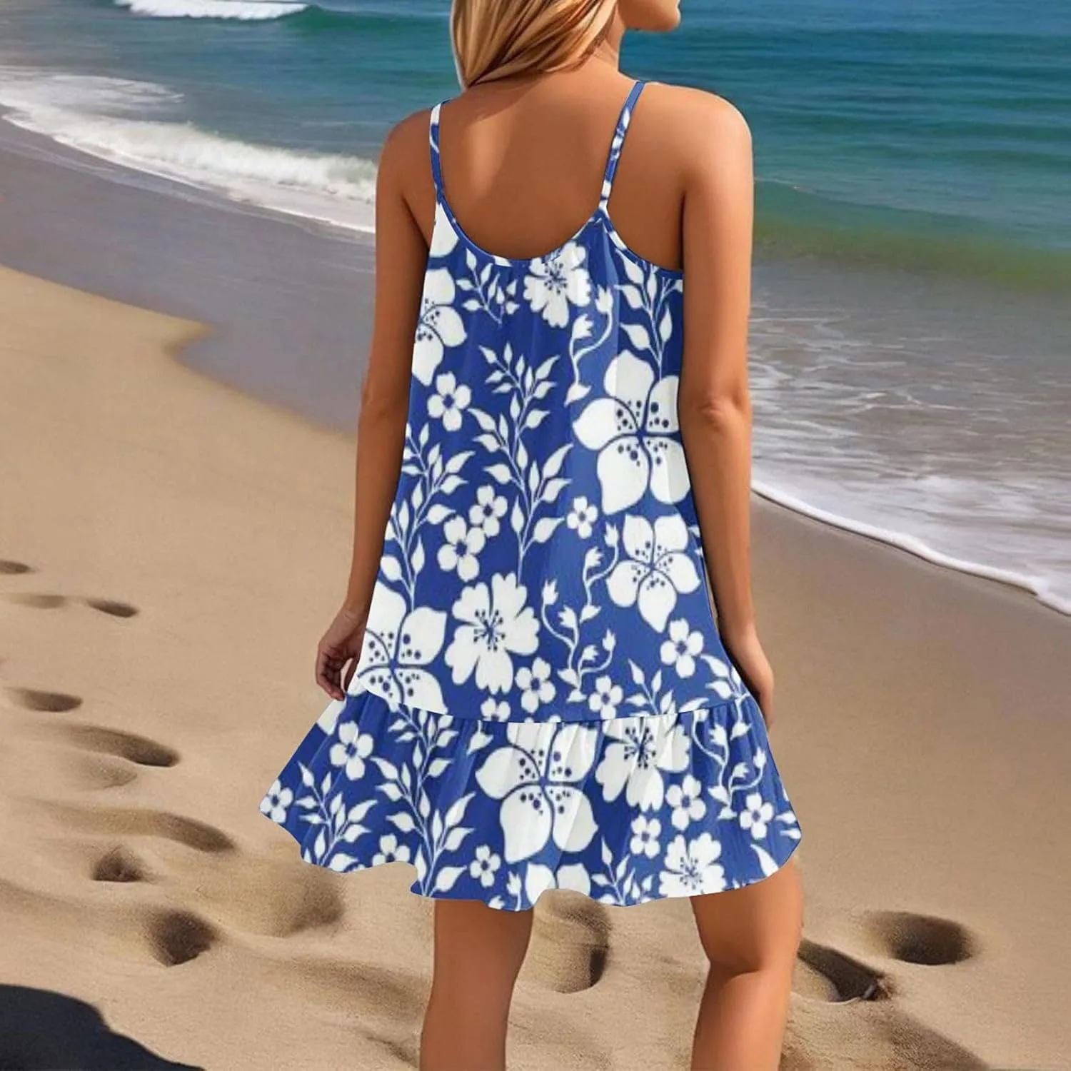 Floral Mini Summer Dresses for Women, Spaghetti Strap Cold Shoulder Ruffle Hem Swimsuits Beach Cover Up Sundress