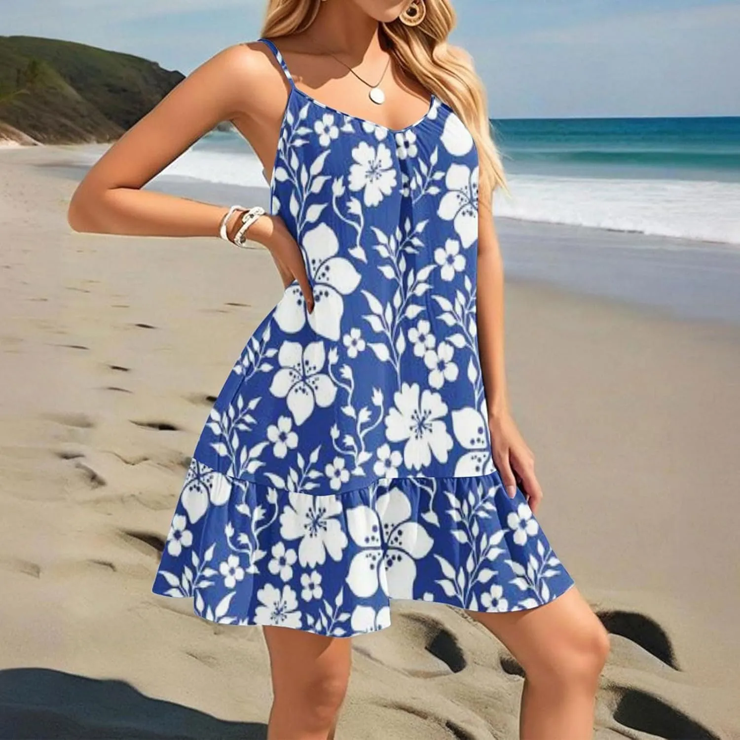 Floral Mini Summer Dresses for Women, Spaghetti Strap Cold Shoulder Ruffle Hem Swimsuits Beach Cover Up Sundress