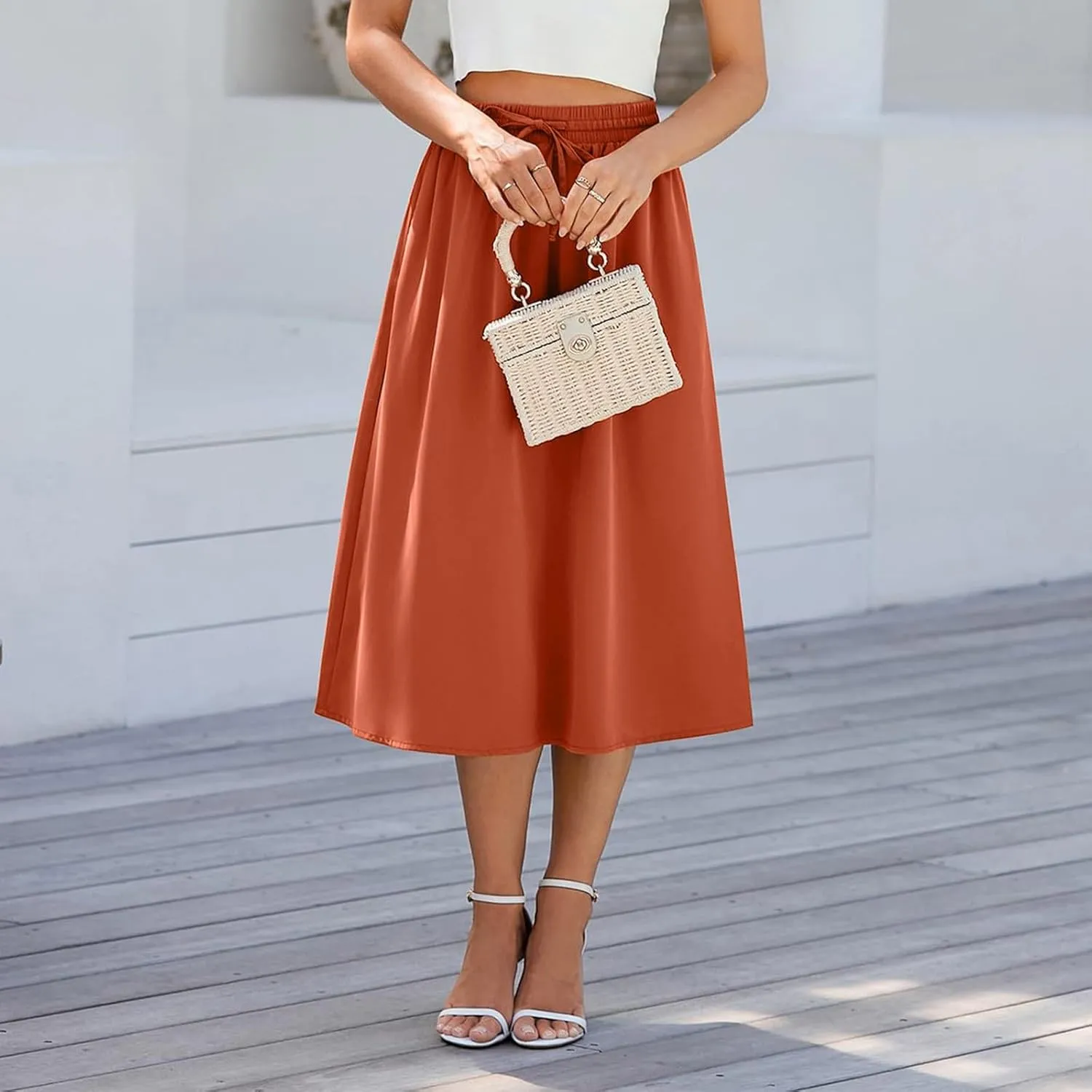 Floral Skirts for Women Trendy Drawstring High Waisted Flowy Boho Midi Skirts Y2k Pleated a Line Skirt with Pockets
