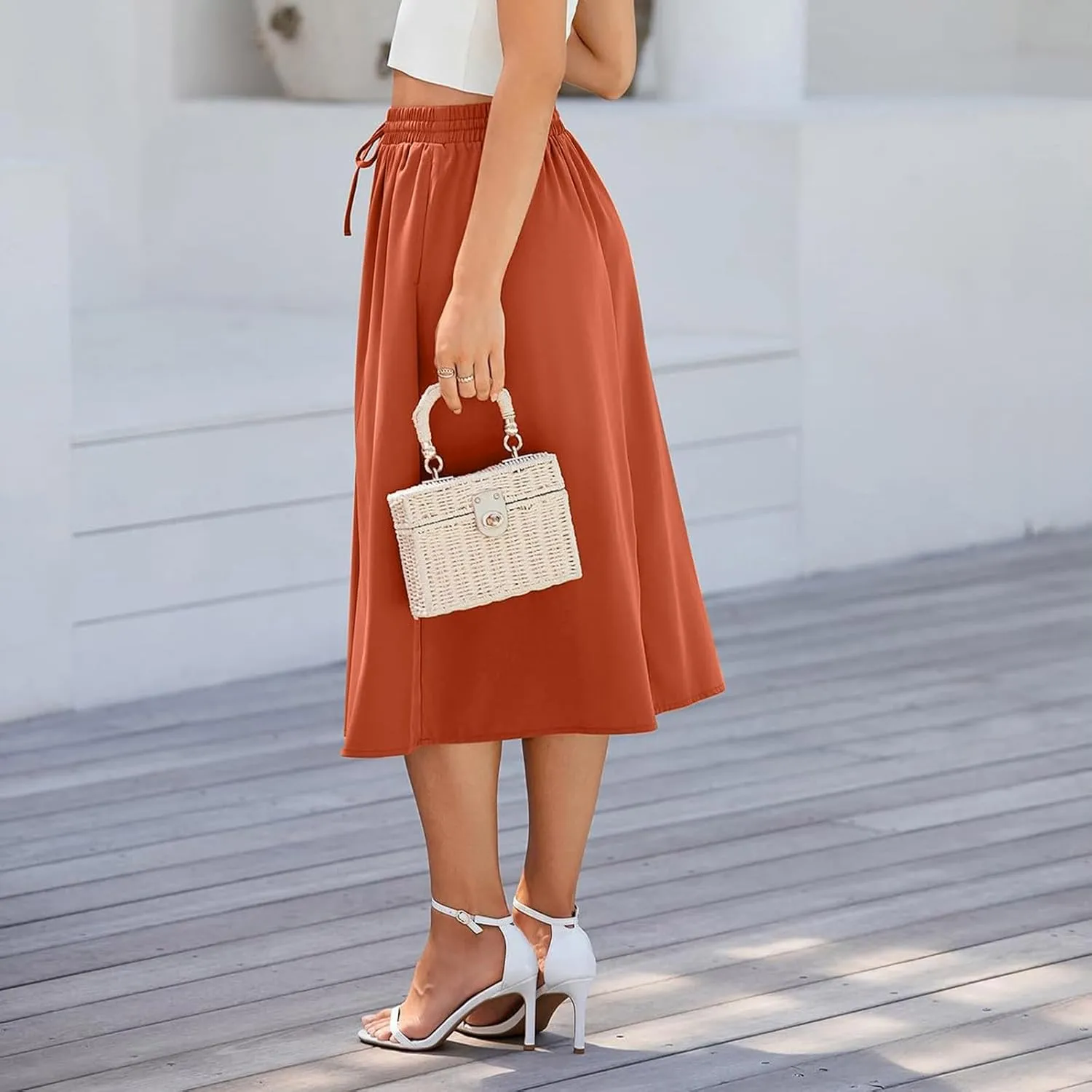 Floral Skirts for Women Trendy Drawstring High Waisted Flowy Boho Midi Skirts Y2k Pleated a Line Skirt with Pockets