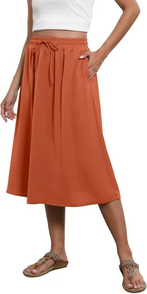 Floral Skirts for Women Trendy Drawstring High Waisted Flowy Boho Midi Skirts Y2k Pleated a Line Skirt with Pockets
