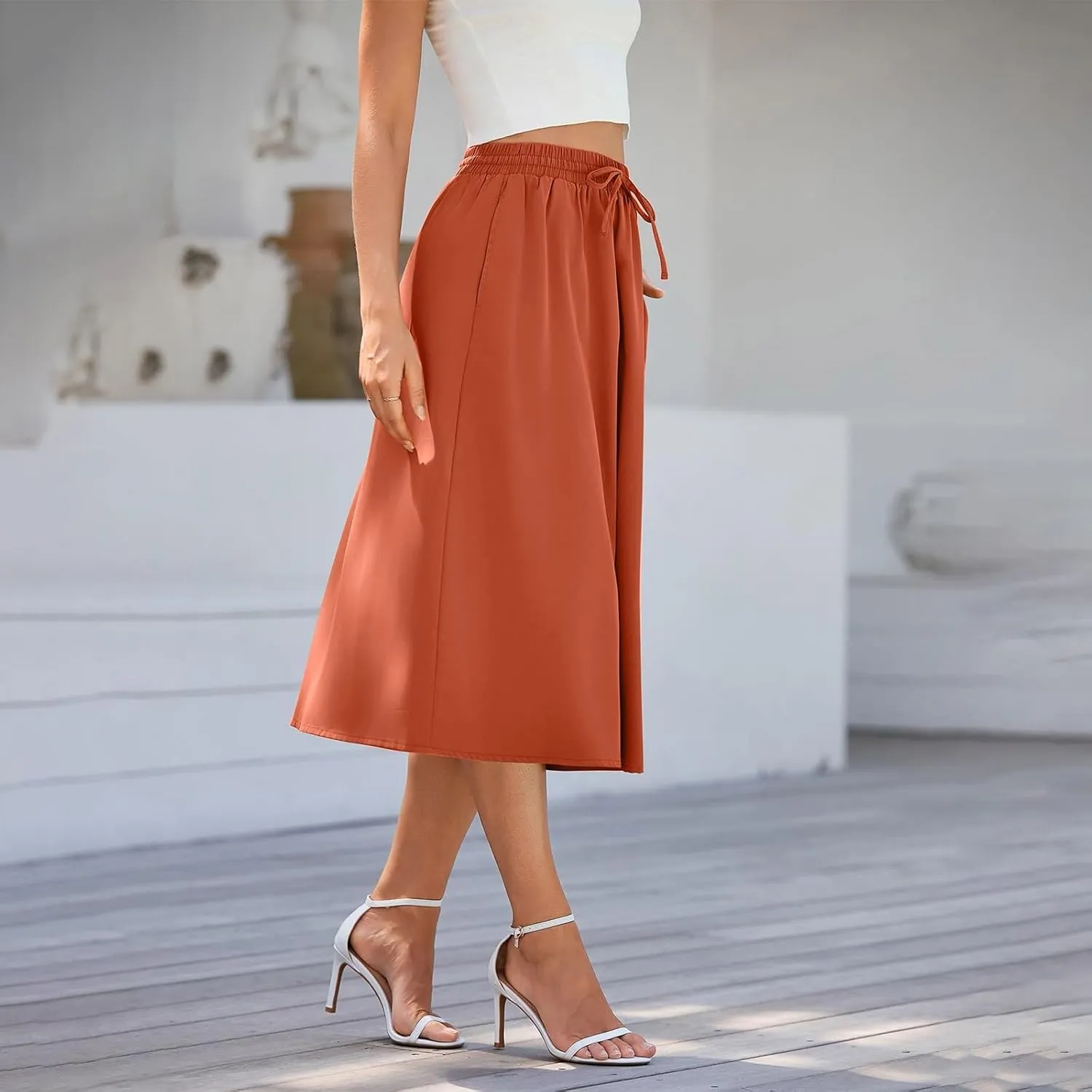Floral Skirts for Women Trendy Drawstring High Waisted Flowy Boho Midi Skirts Y2k Pleated a Line Skirt with Pockets