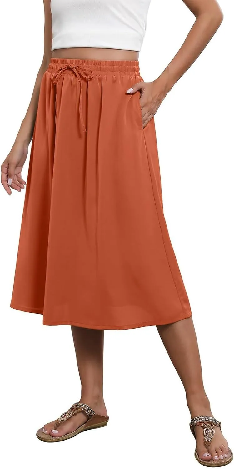Floral Skirts for Women Trendy Drawstring High Waisted Flowy Boho Midi Skirts Y2k Pleated a Line Skirt with Pockets