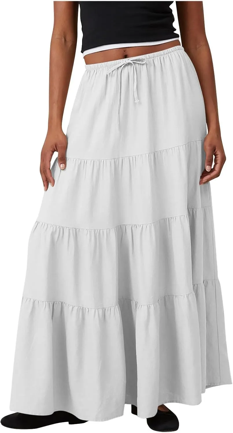 Flowy Pleated A Line Skirts for Women High Waisted Layered Tiered Maxi Skirt Elegant Summer Beach Boho Dress