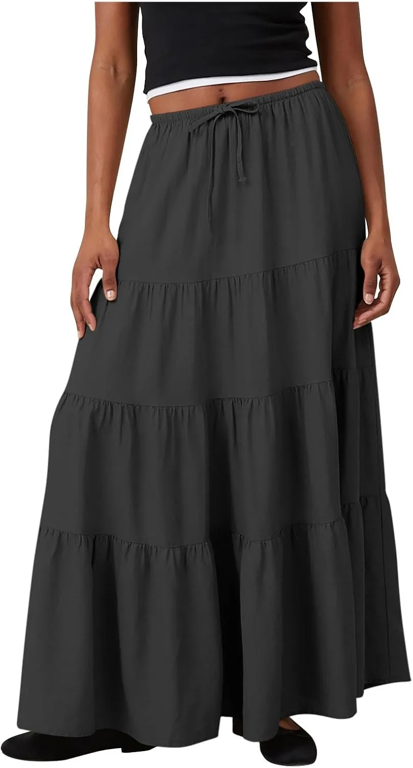 Flowy Pleated A Line Skirts for Women High Waisted Layered Tiered Maxi Skirt Elegant Summer Beach Boho Dress