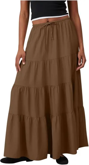 Flowy Pleated A Line Skirts for Women High Waisted Layered Tiered Maxi Skirt Elegant Summer Beach Boho Dress
