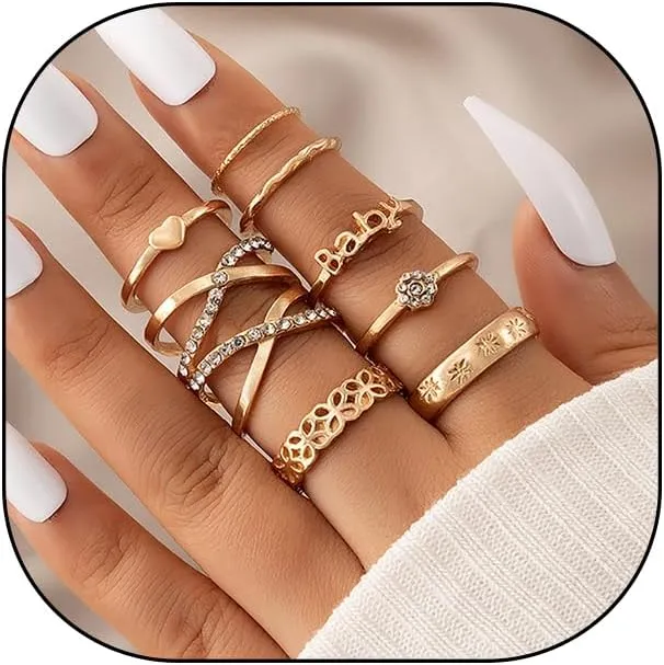 FUTIMELY 8 Pcs Gold Stackable Knuckle Rings Set for Women Teen Girls,Boho Dainty Heart Cubic Zirconia Crysta Layerd Rings Pack Jewelry for Gifts Party