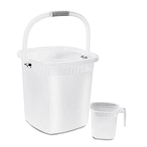 GALOOF Strong Plastic Bucket Mug Bathroom Set of 2 for Kitchen & Bathroom | Solid Color Striped Pattern Balti with Mug (Transparent, 25 Liter Bucket   1.5 Liter Mug)