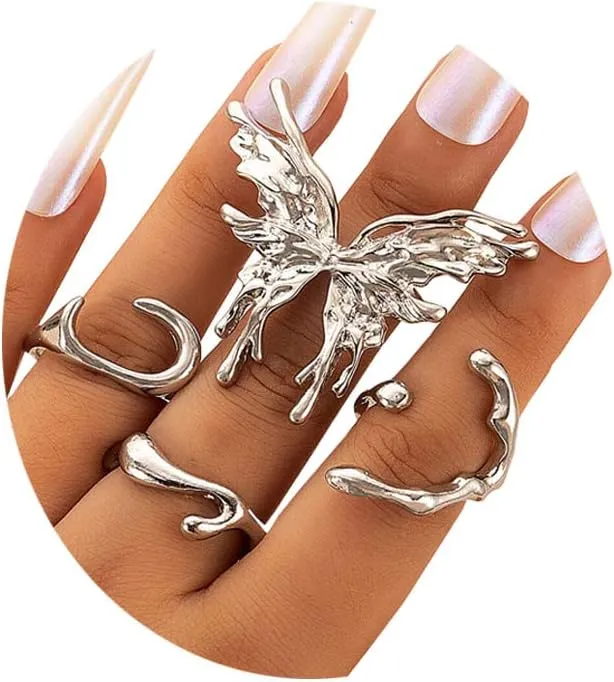GIGB PBDK Vintage Geometric Butterfly Rings for Women,Creative Personality Irregular Butterfly Rings Exaggerated Knuckle Finger Butterfly Rings Simple Charm Rings Jewelry Gifts