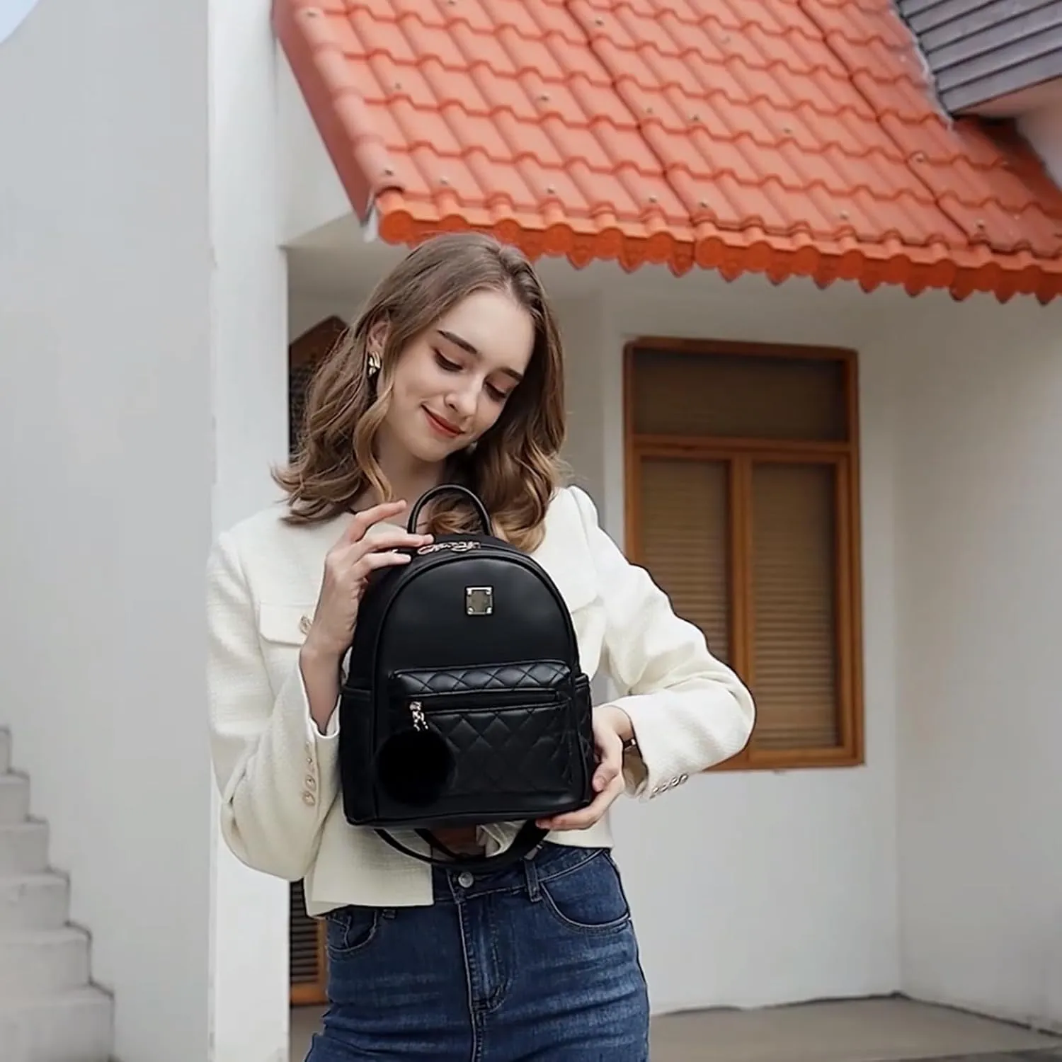 Girls Fashion Mini Backpack Purse Small Cute Plaid Leather Women Backpacks Little Bag (Black)