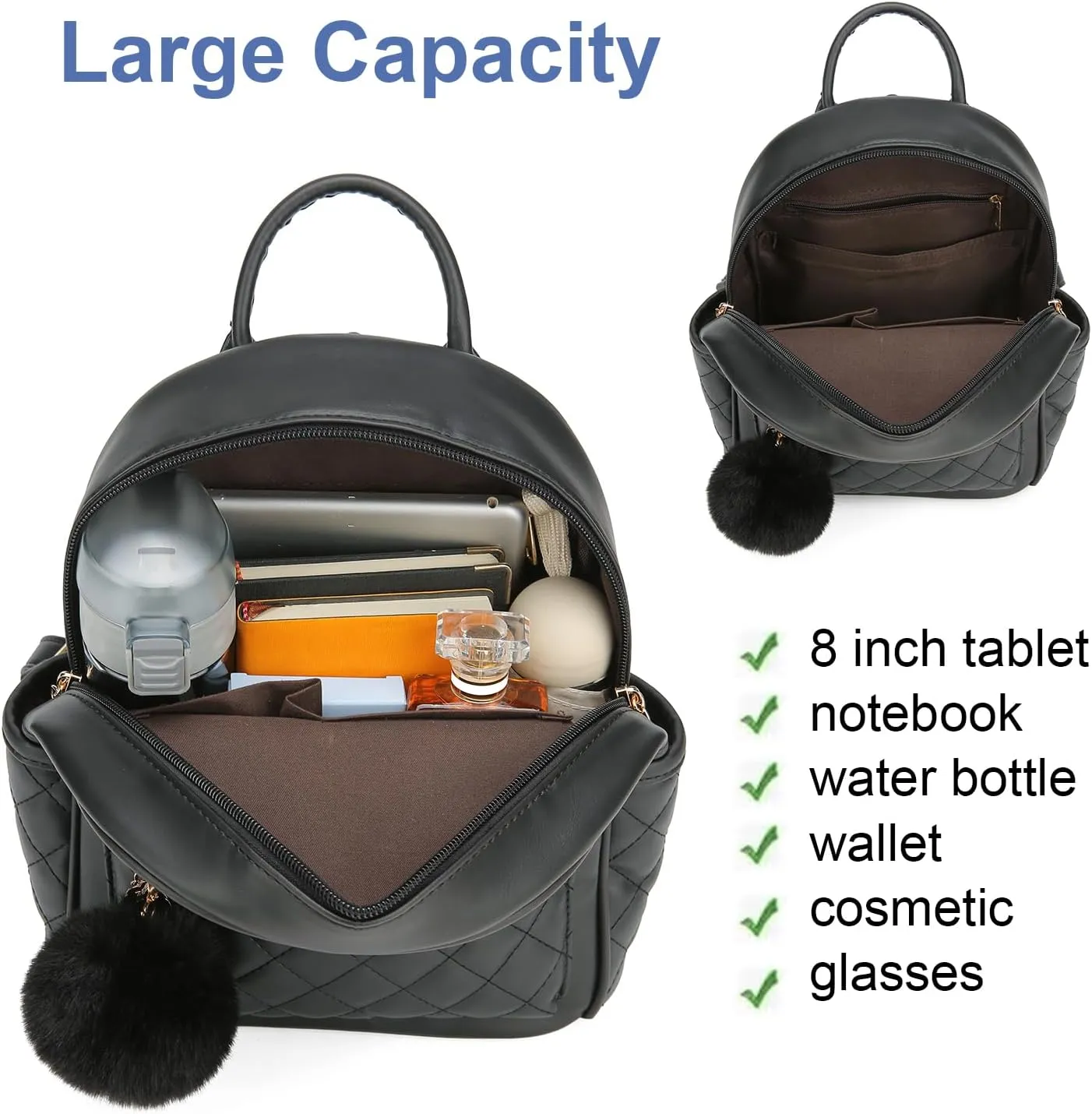 Girls Fashion Mini Backpack Purse Small Cute Plaid Leather Women Backpacks Little Bag (Black)