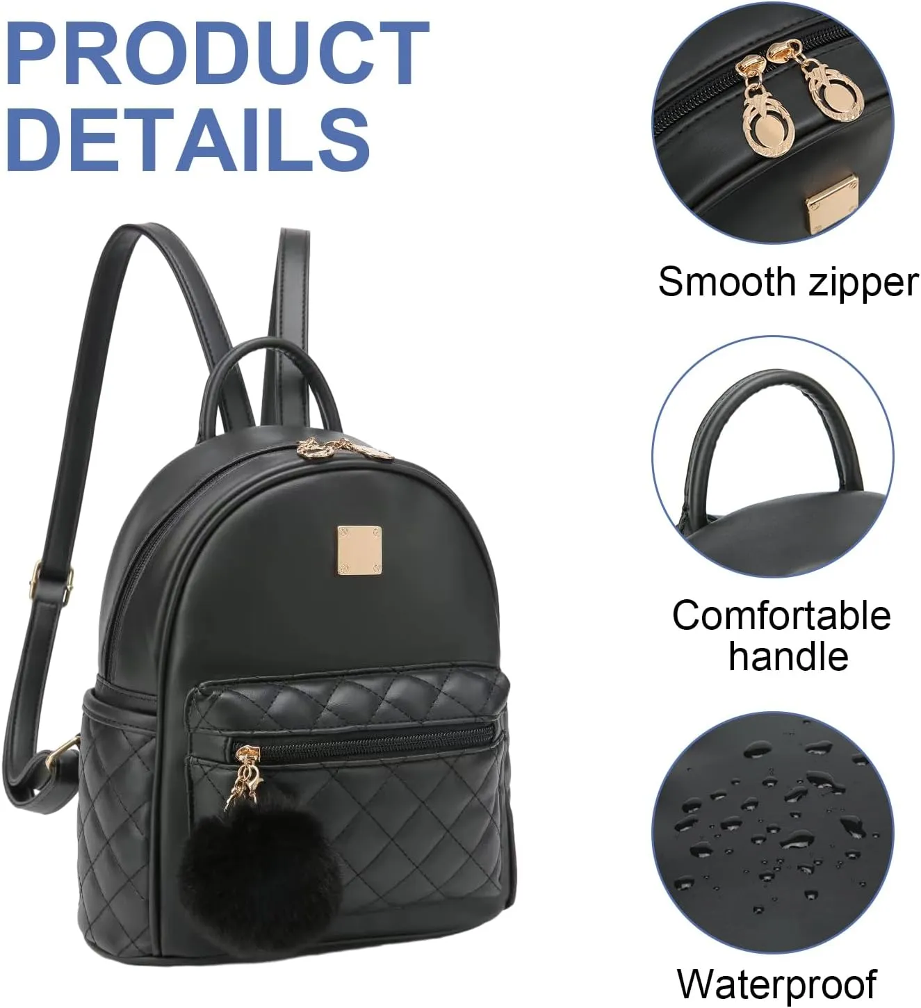 Girls Fashion Mini Backpack Purse Small Cute Plaid Leather Women Backpacks Little Bag (Black)