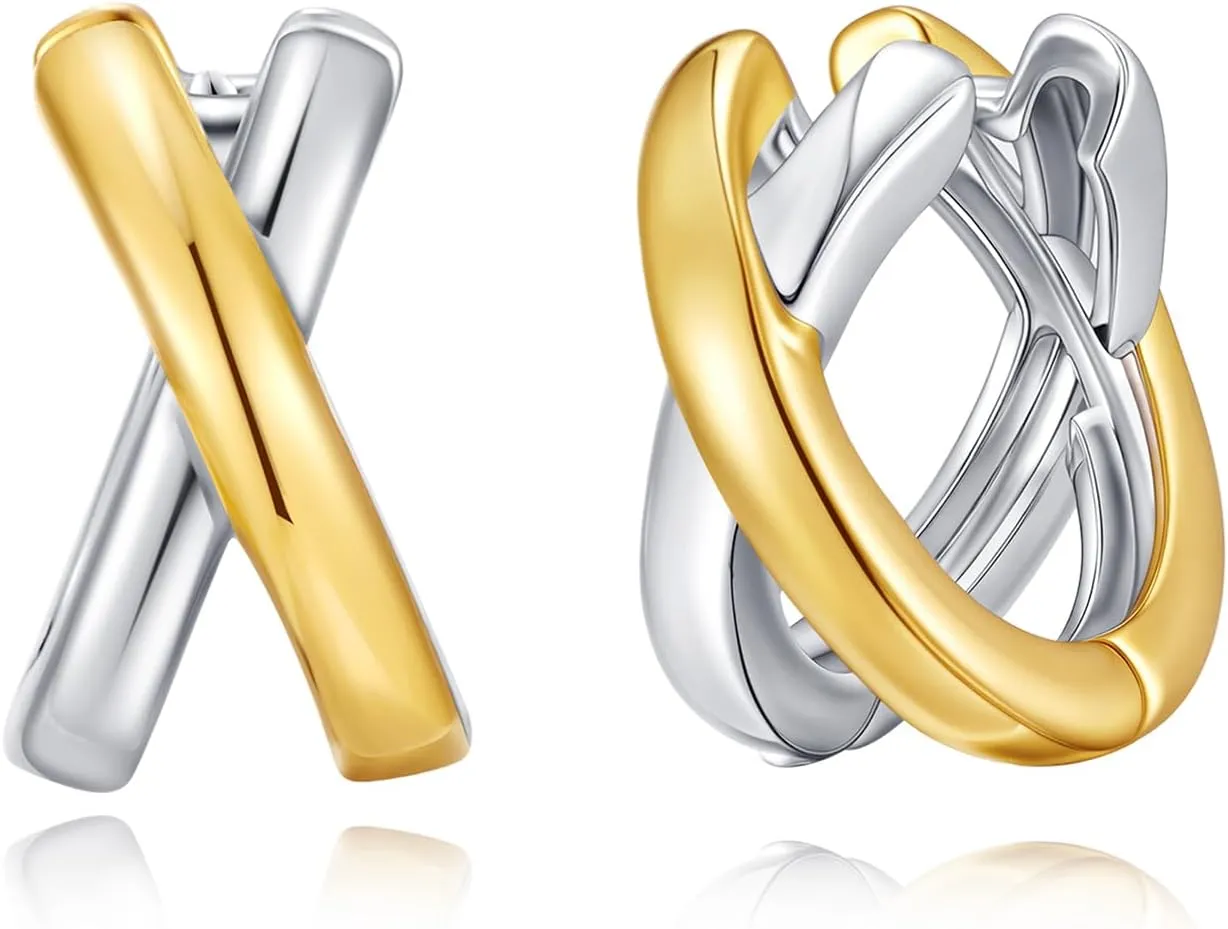 Gold And Silver Intertwined Hoop Earrings For Women Twisted X-Shaped Huggie Earrings Statement Crossover Design For Gift
