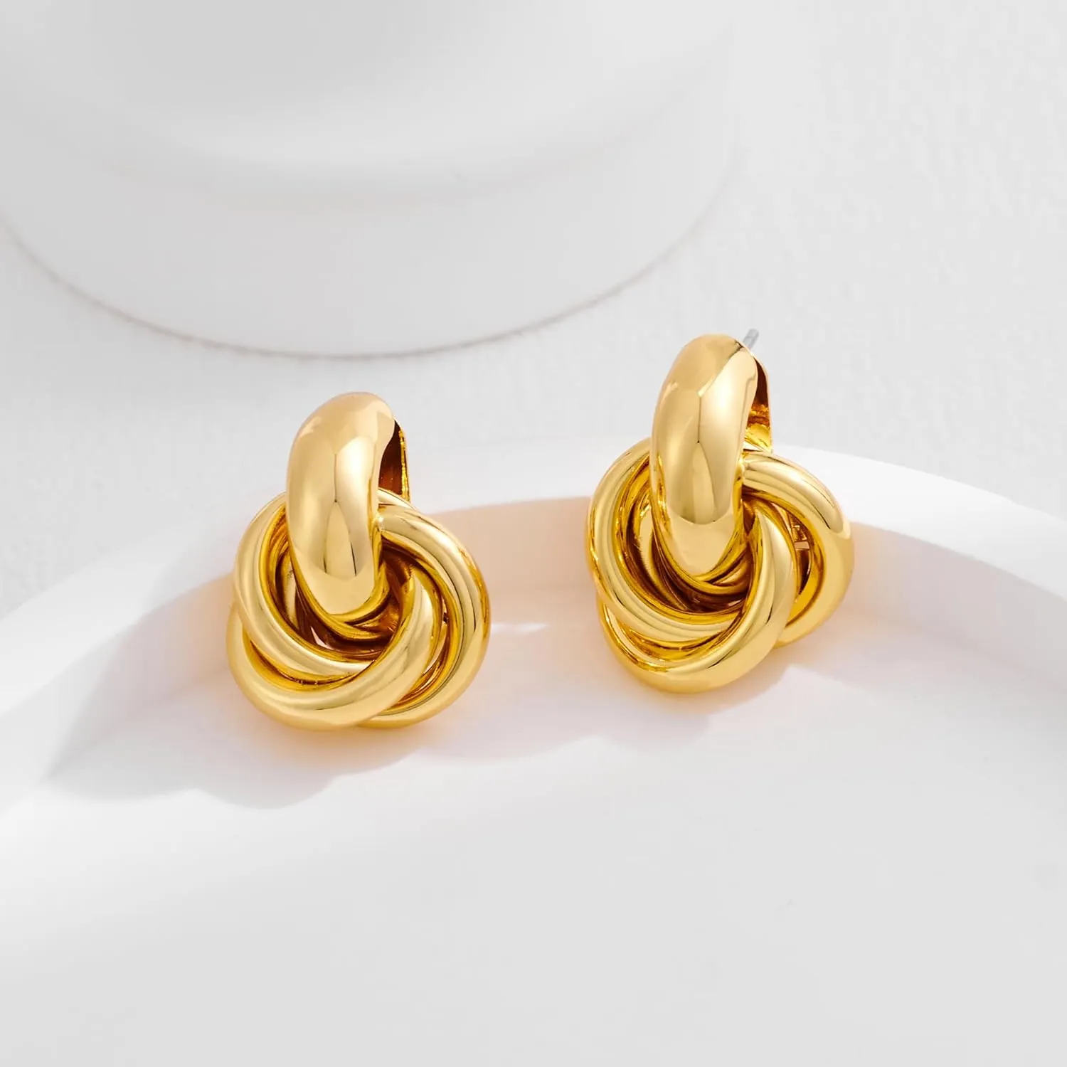 Gold Geometric Drop Dangle Earrings for Women 18K Chunky Trendy Knot Stud Small Twisted Link Earring Jewelry Gift