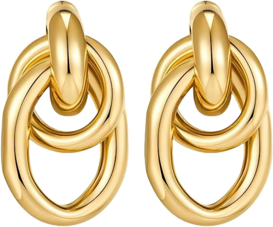 Gold Geometric Drop Dangle Earrings for Women, Chunky Long Link Statement Earrings, Lightweight Brass Hoop Earrings, Trendy Minimalist Jewelry for Daily Wear