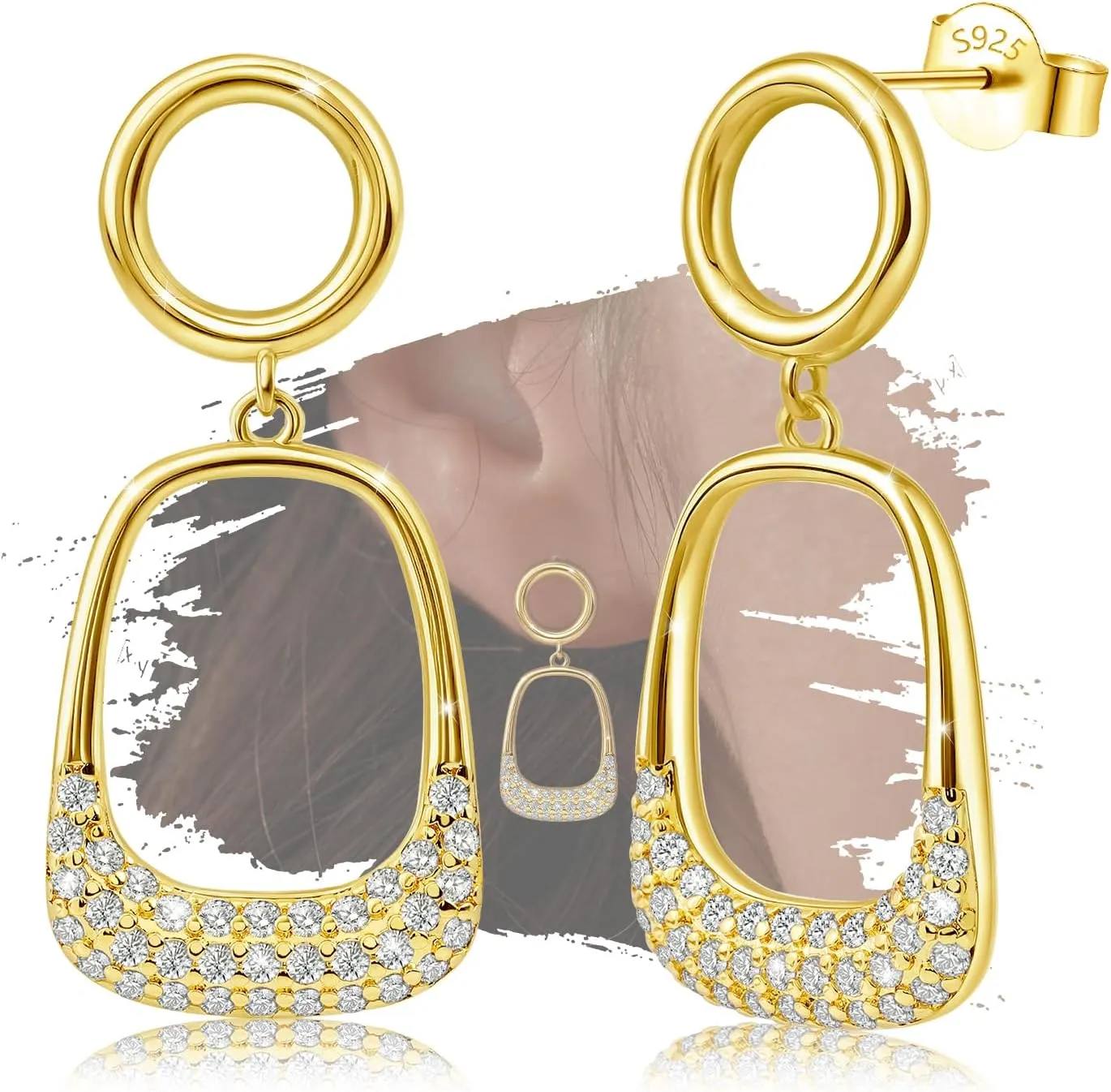 Gold Geometric Drop Dangle Earrings - Sterling Silver Hypoallergenic Cubic Zirconia Statement Earrings Fashion Square Earrings for Sensitive Ears for Women