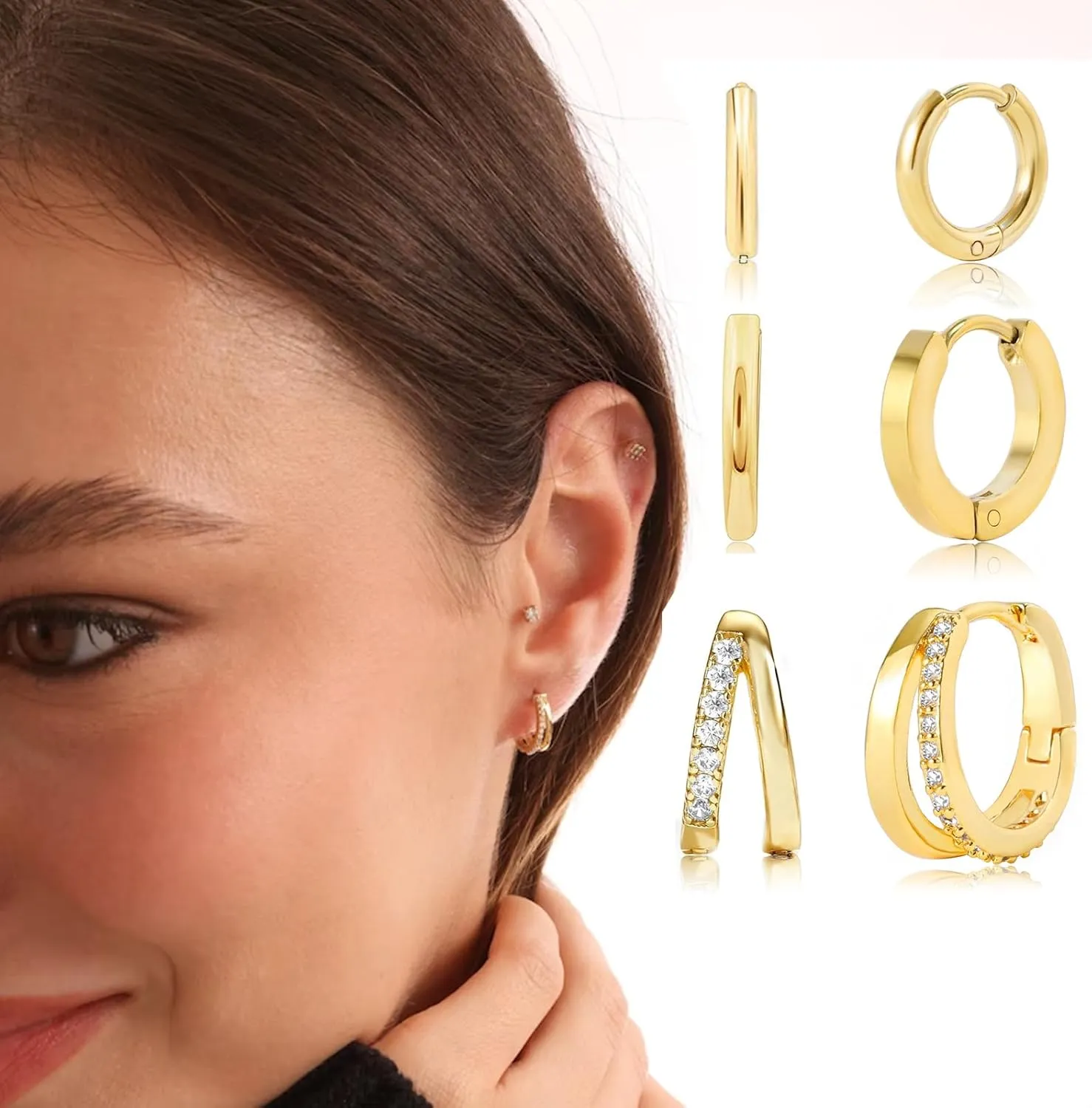 Gold Hoop Earrings for Women,14K Gold Hypoallergenic Earrings Huggie Hoop Earrings Double Hoop earrings