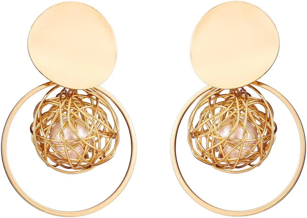 Gold Plated Round Disc Earrings for Women Bohemian Elegant Double Layered Hollow Twist Wire Ball Woven Love Knot Ball Caged Pearl Dangle Drop Earrings for Birthday Jewelry Gifts